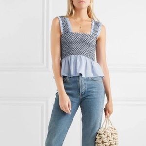 Ganni Shirred Gingham Cotton top